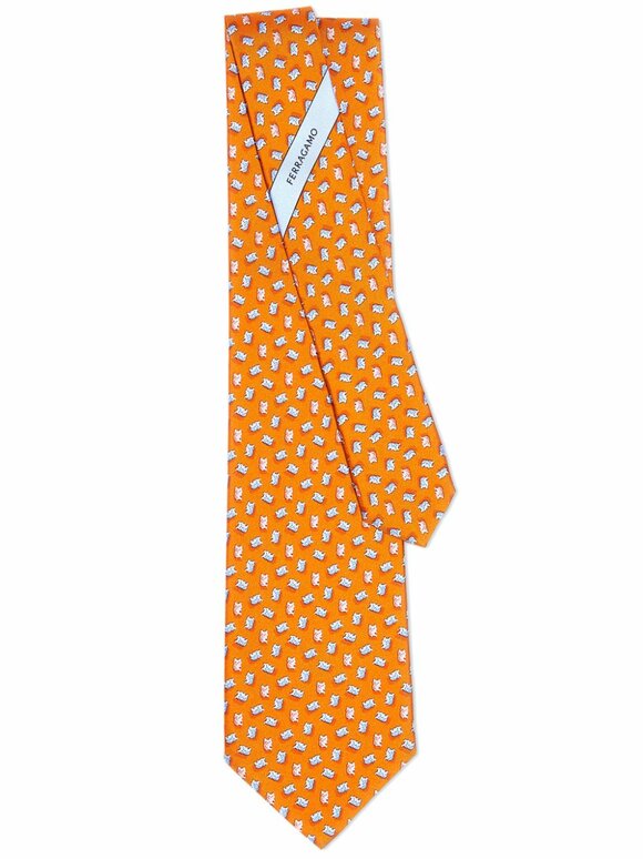 Ferragamo - Orange Bear Print Silk Necktie 