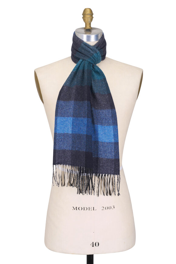 Chelsey Imports Navy & Teal Check Cashmere Scarf