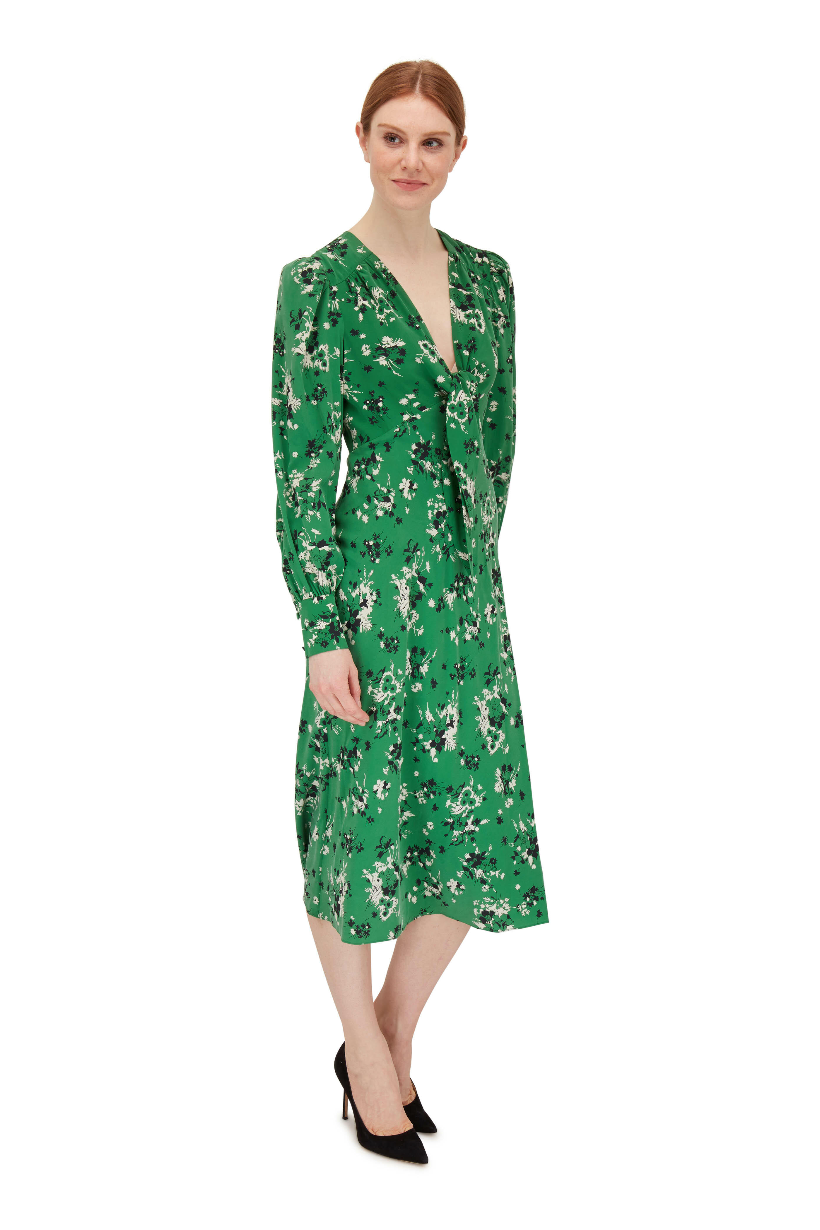 Veronica Beard - Amber Green Silk Floral Long Sleeve Dress