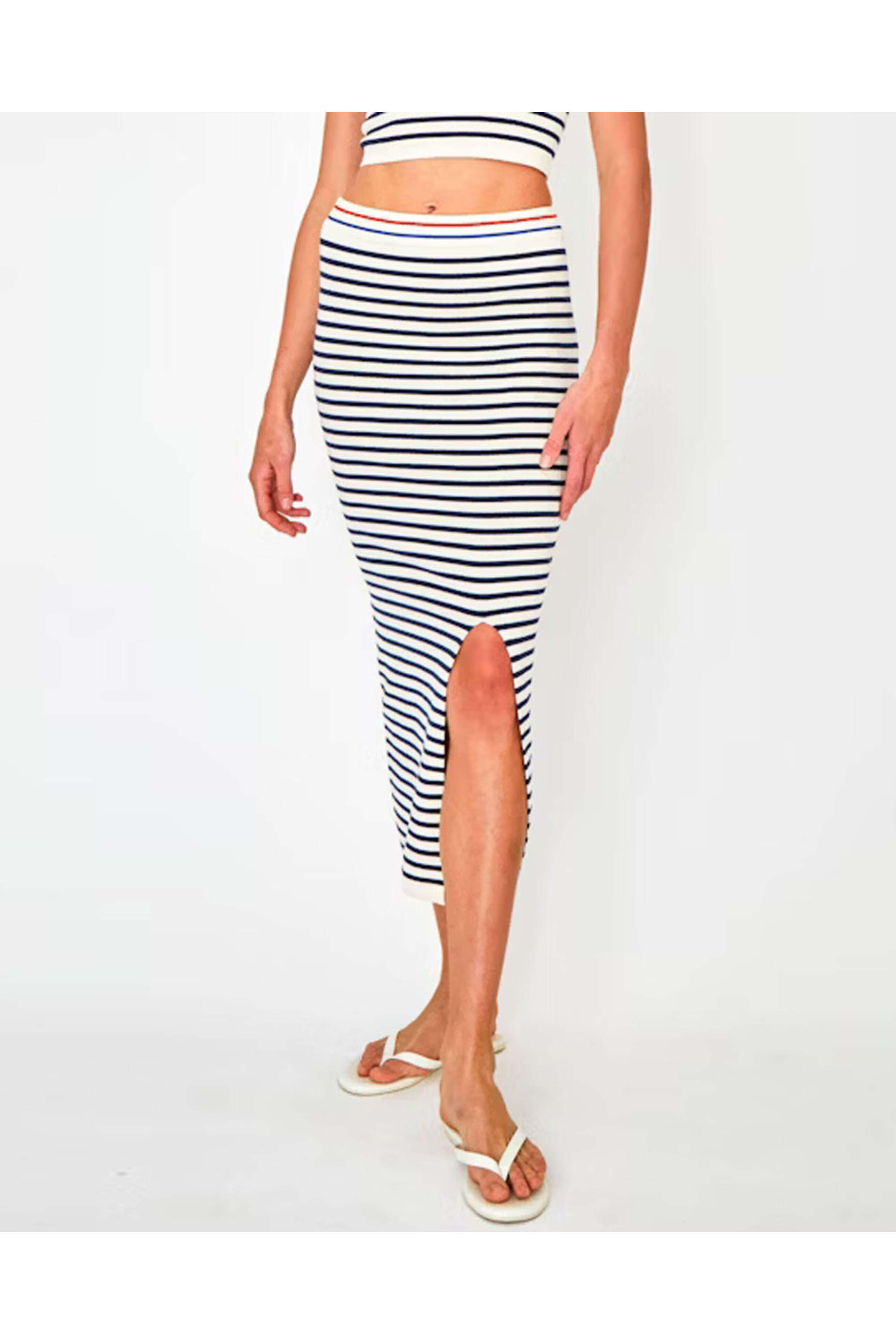 Kule - The Dee Tube Skirt in Cream and Navy Stripe