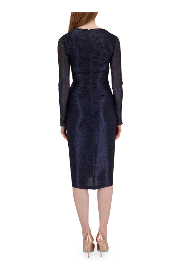 Talbot Runhof - Navy Metallic Long Sleeve Ruched Cocktail Dress