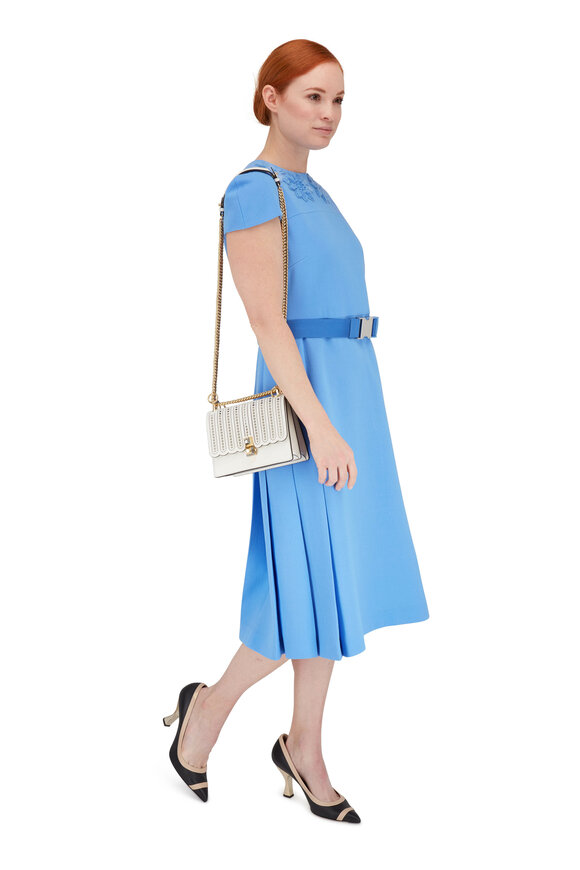 Fendi - Baby Blue Crêpe Mink Floral Detail Belted Dress