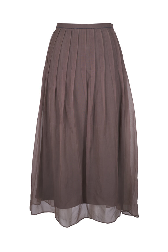 Brunello Cucinelli Brown Silk Pleated Midi Skirt