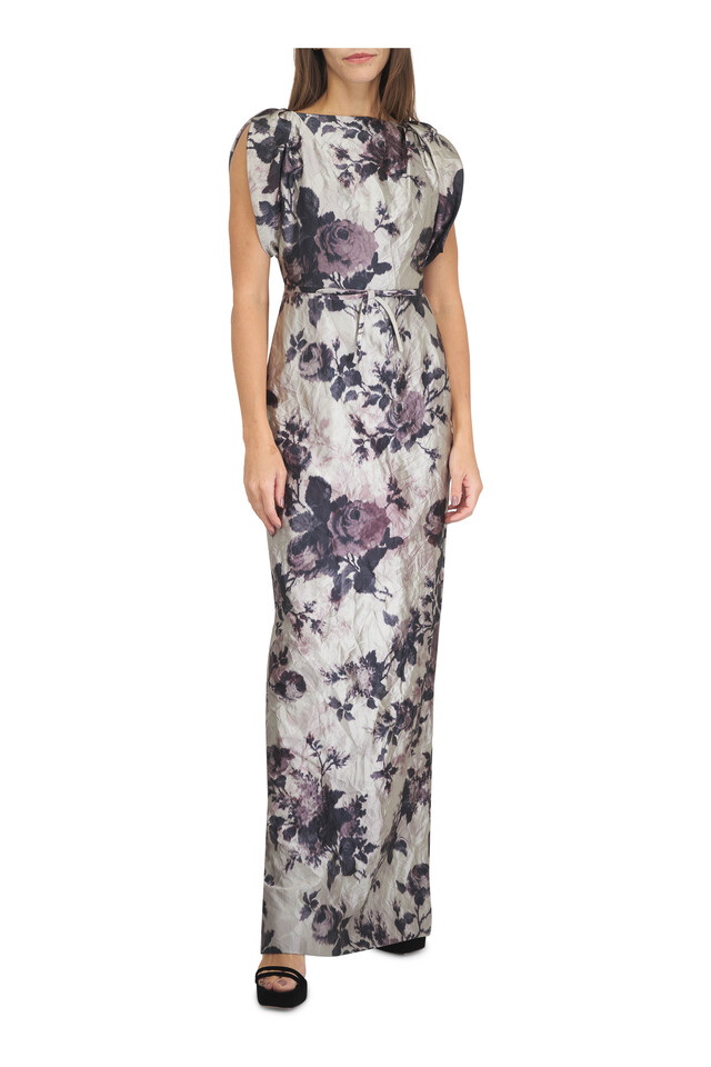 Designer outfit featuring Pearl Floral Textured Satin Draped Gown and Black Velvet Platform Sandal, 70mm