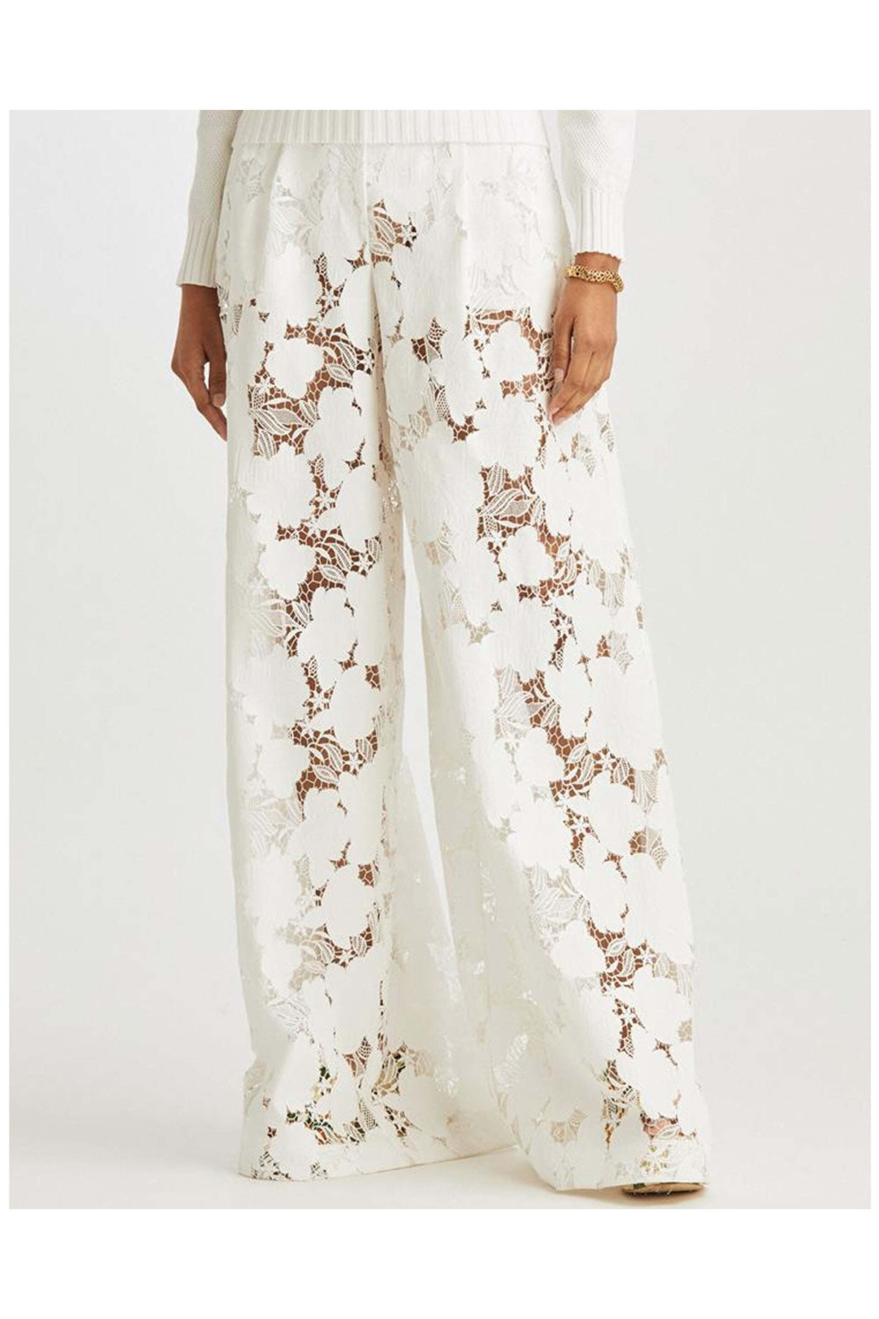 Oscar de la Renta - White Lace Magnolia Guipure Wide Leg Pant