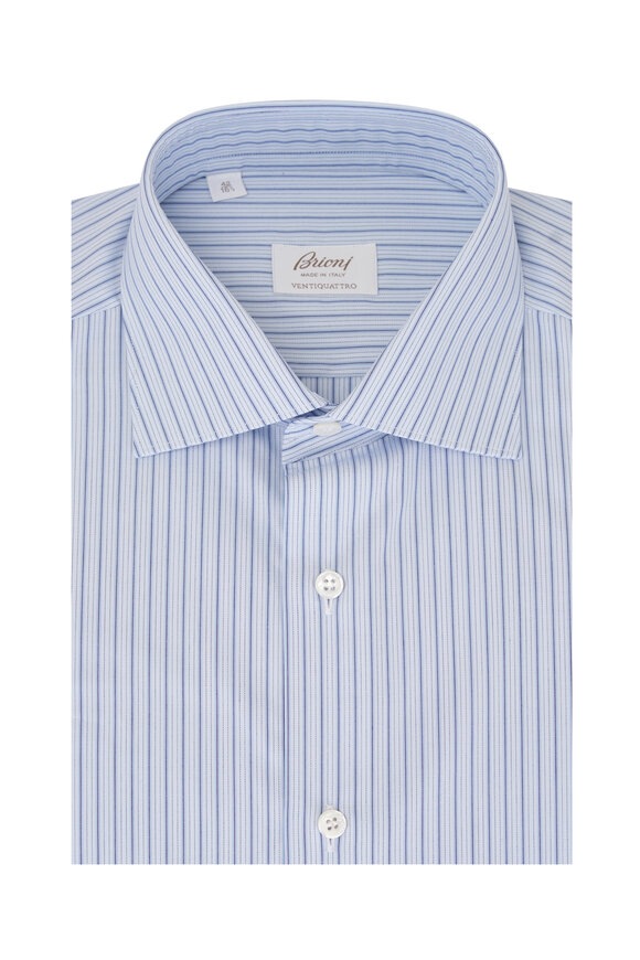 Brioni Ventiquatro Blue Stripe Cotton Dress Shirt