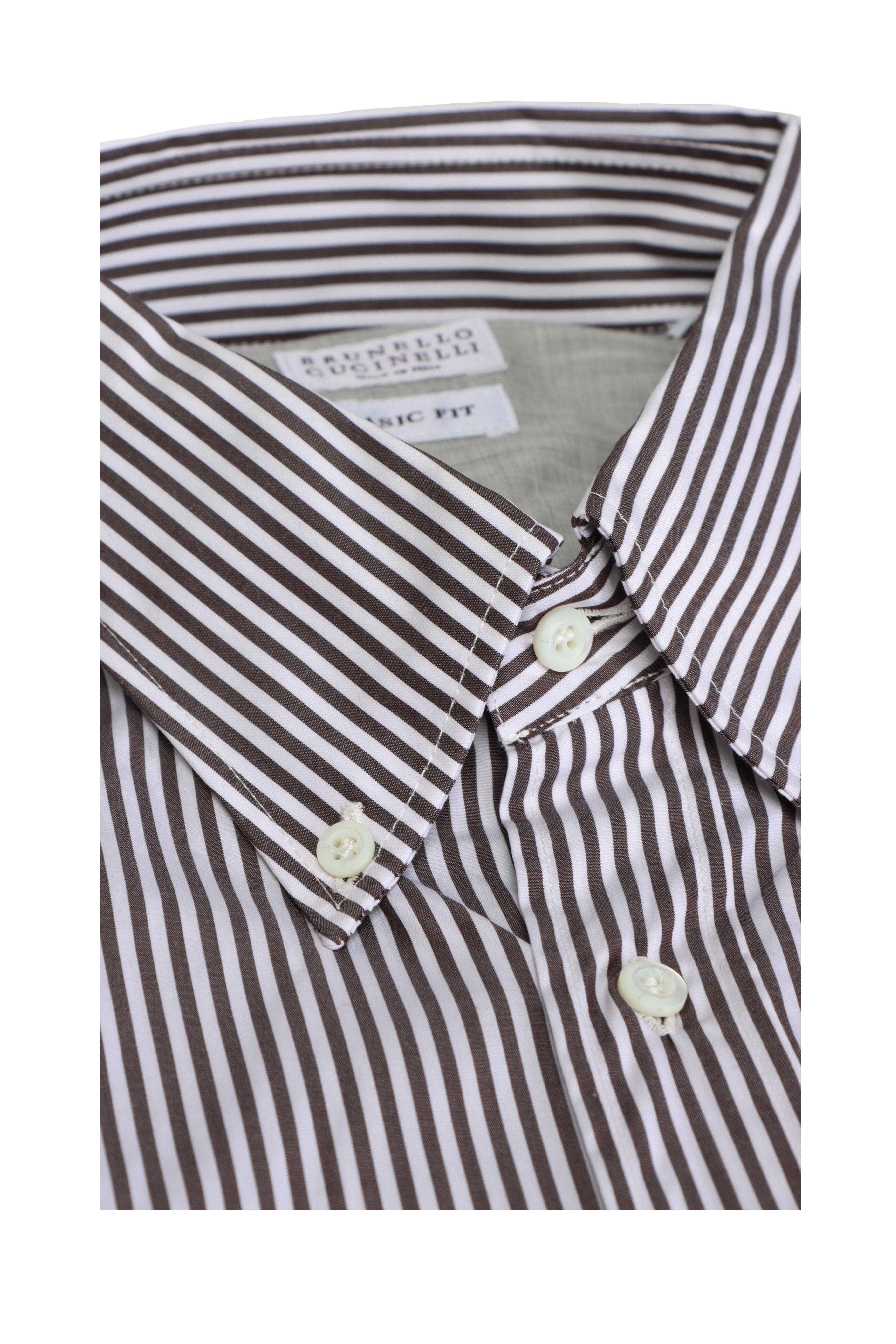 Brunello Cucinelli - White & Brown Striped Cotton Sport Shirt