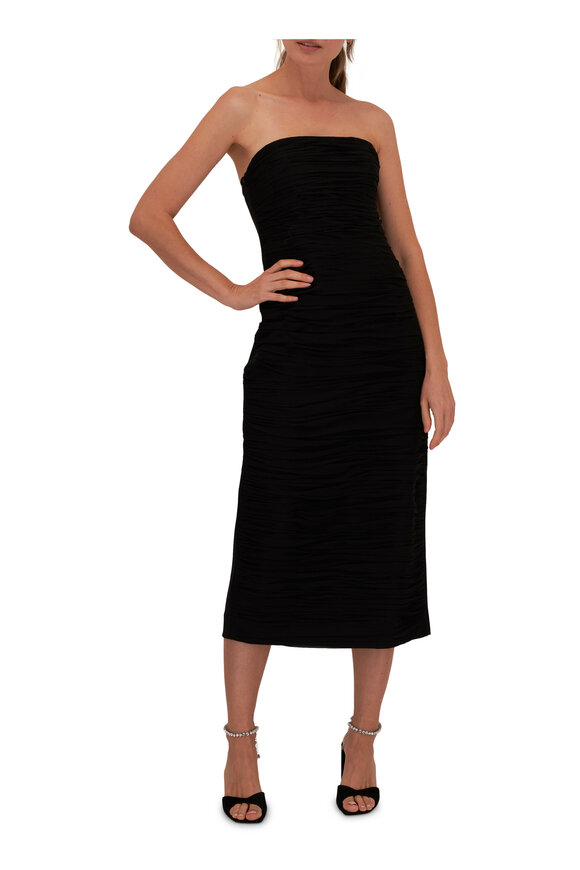 Carolina Herrera - Black Silk Strapless Gathered Midi Dress