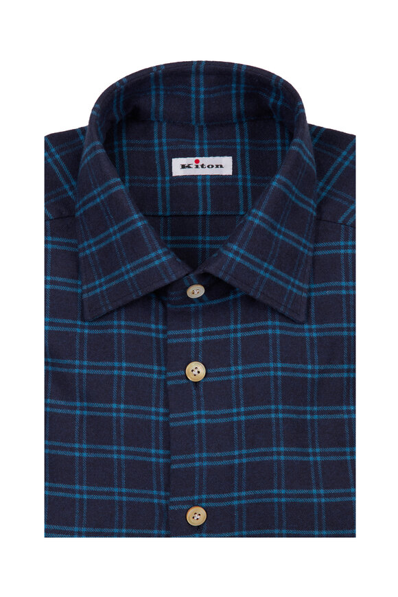 Kiton Navy & Teal Plaid Cotton Dress Shirt - view 1
