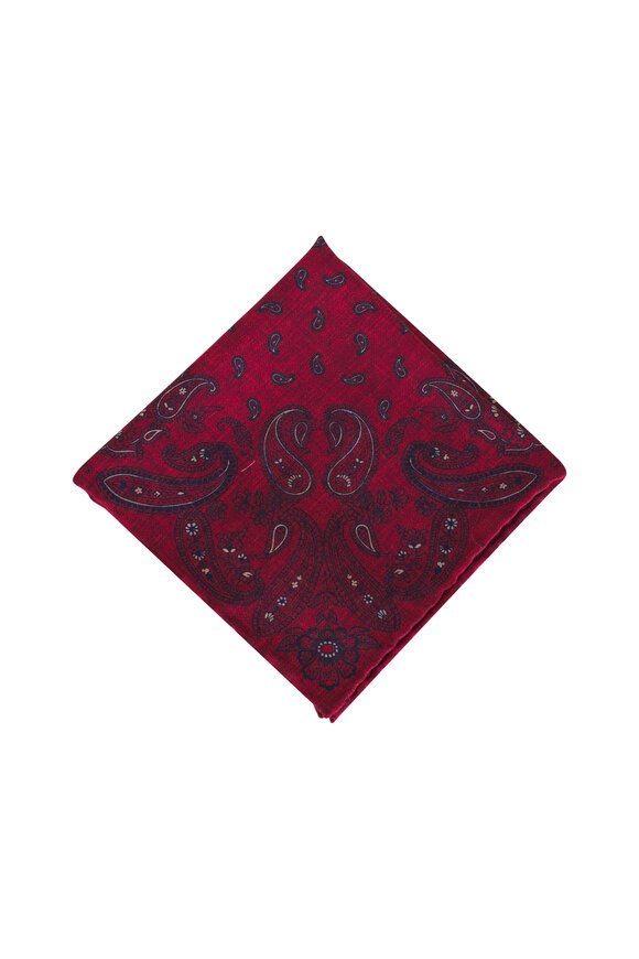 Brunello Cucinelli Red & Navy Paisley Silk Pocket Square