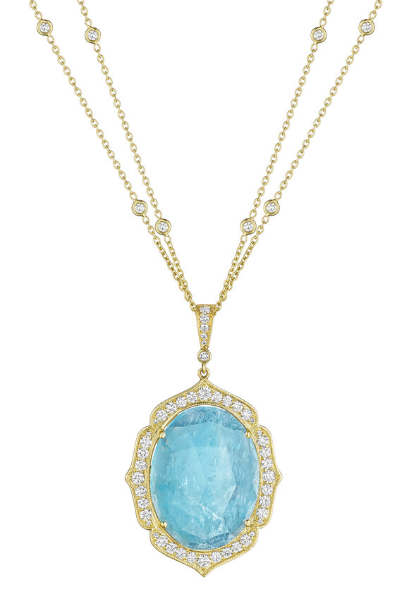 Penny Preville - Oval Aqua Enhancer with Gold and Pave Frame and Diamond Bale