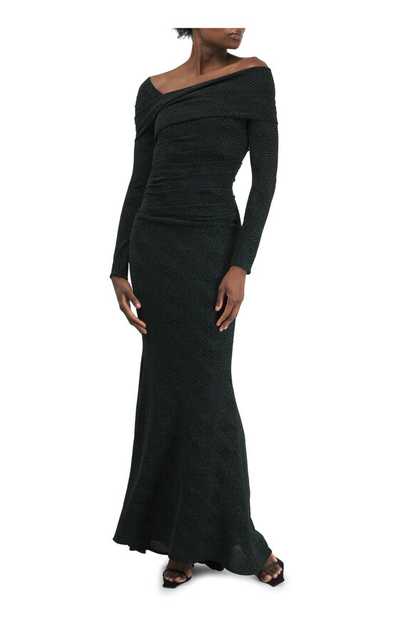 Talbot Runhof - Hunter Green Asymmetric Drape Evening Gown