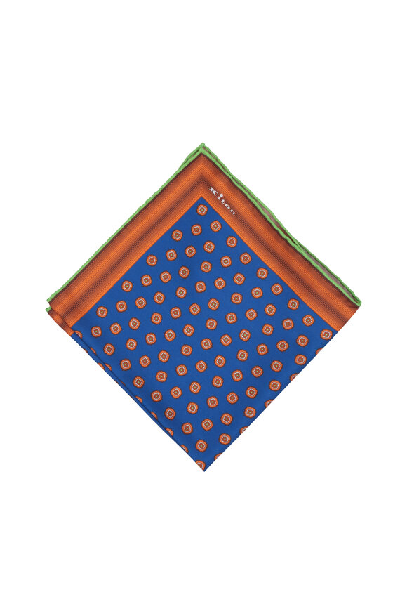 Kiton - Blue, Orange & Lime Geometric Silk Pocket Square 