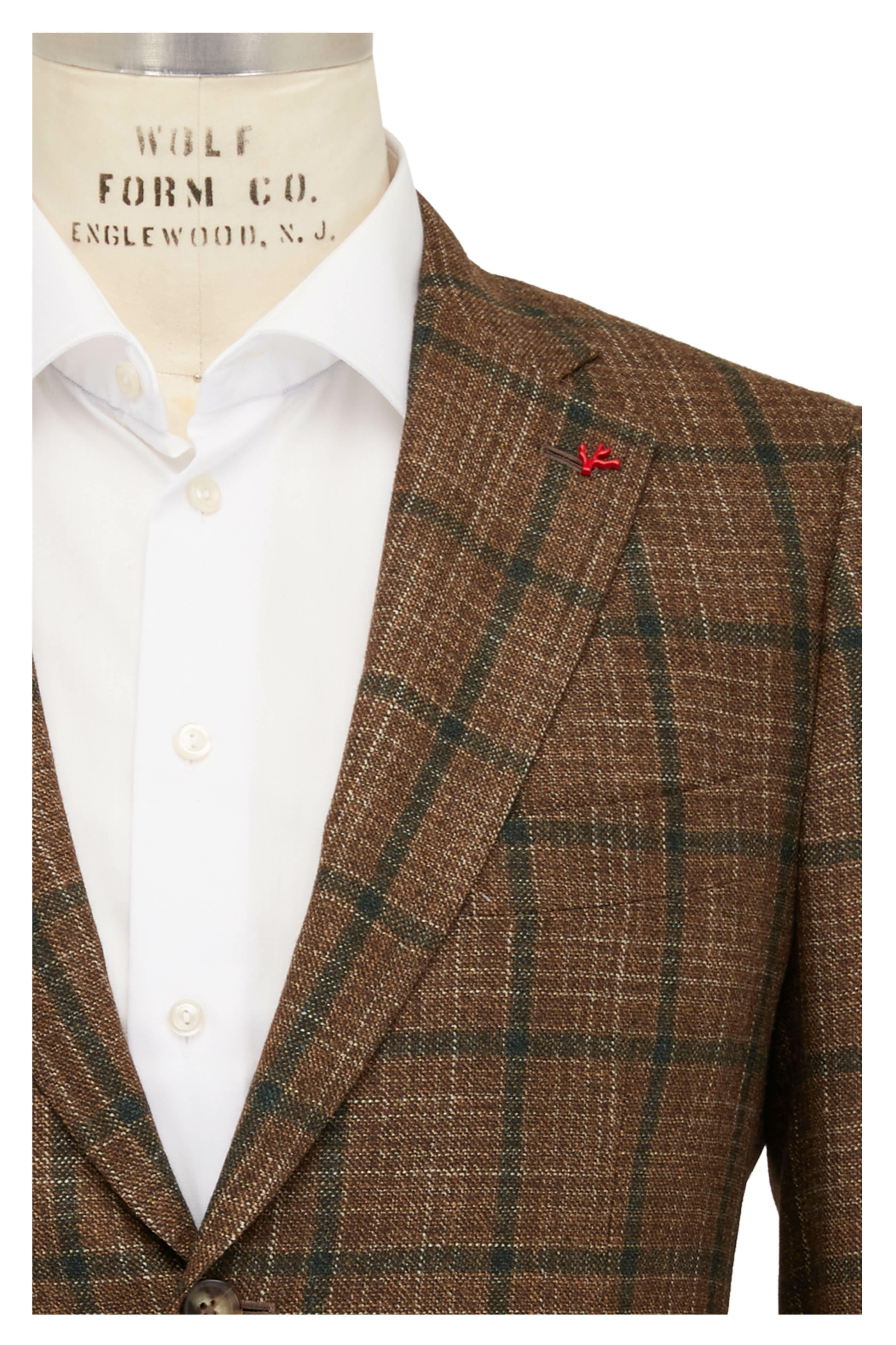 Isaia - Caramel & Green Windowpane Plaid Sportcoat
