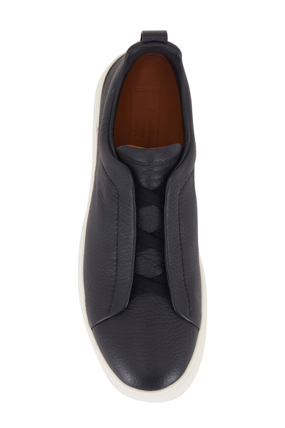 Zegna - Triple Stitch Navy Leather Low Top Sneaker