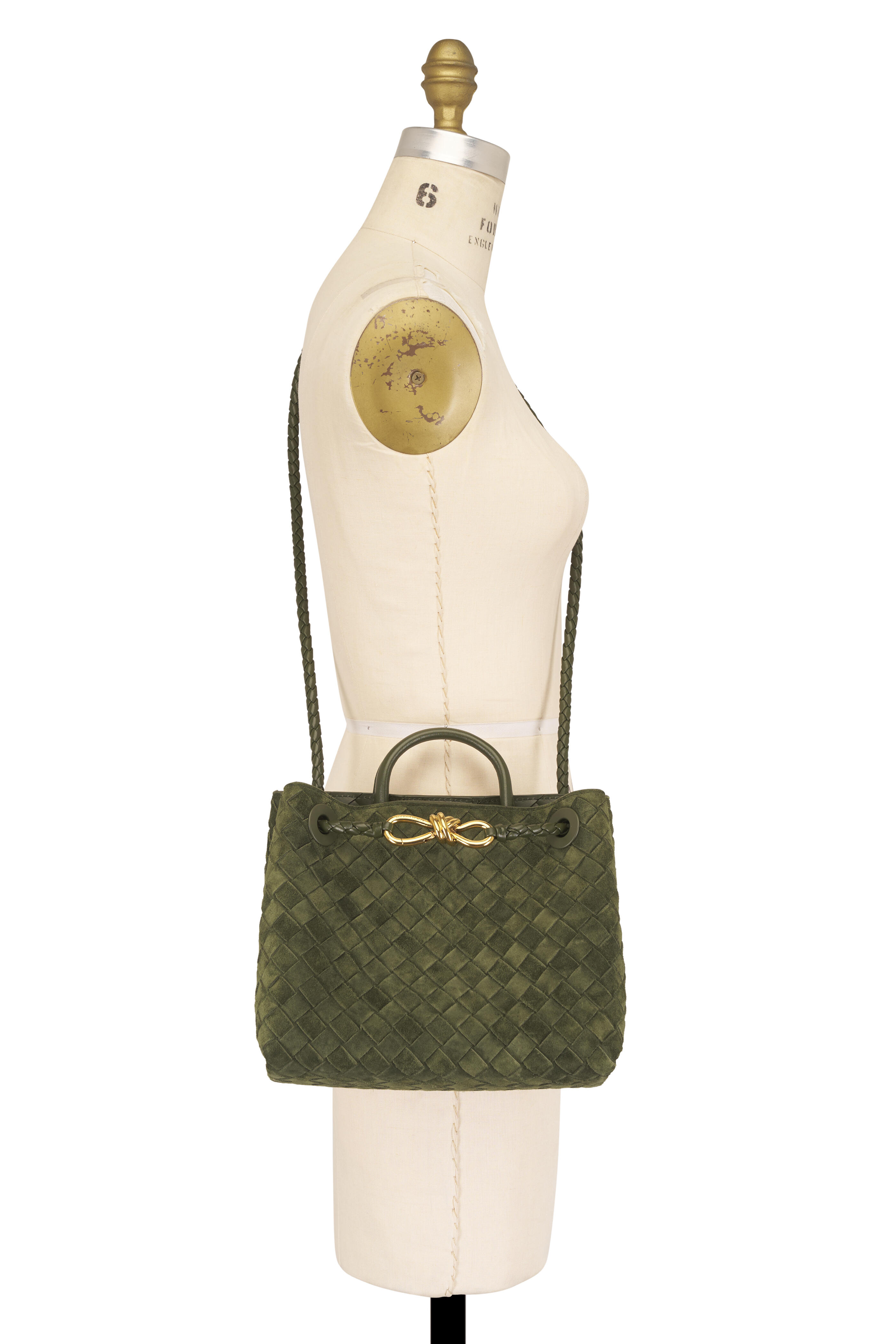 Bottega Veneta - Small Andiamo Green Tweed Intrecciato Suede Bag - view 6