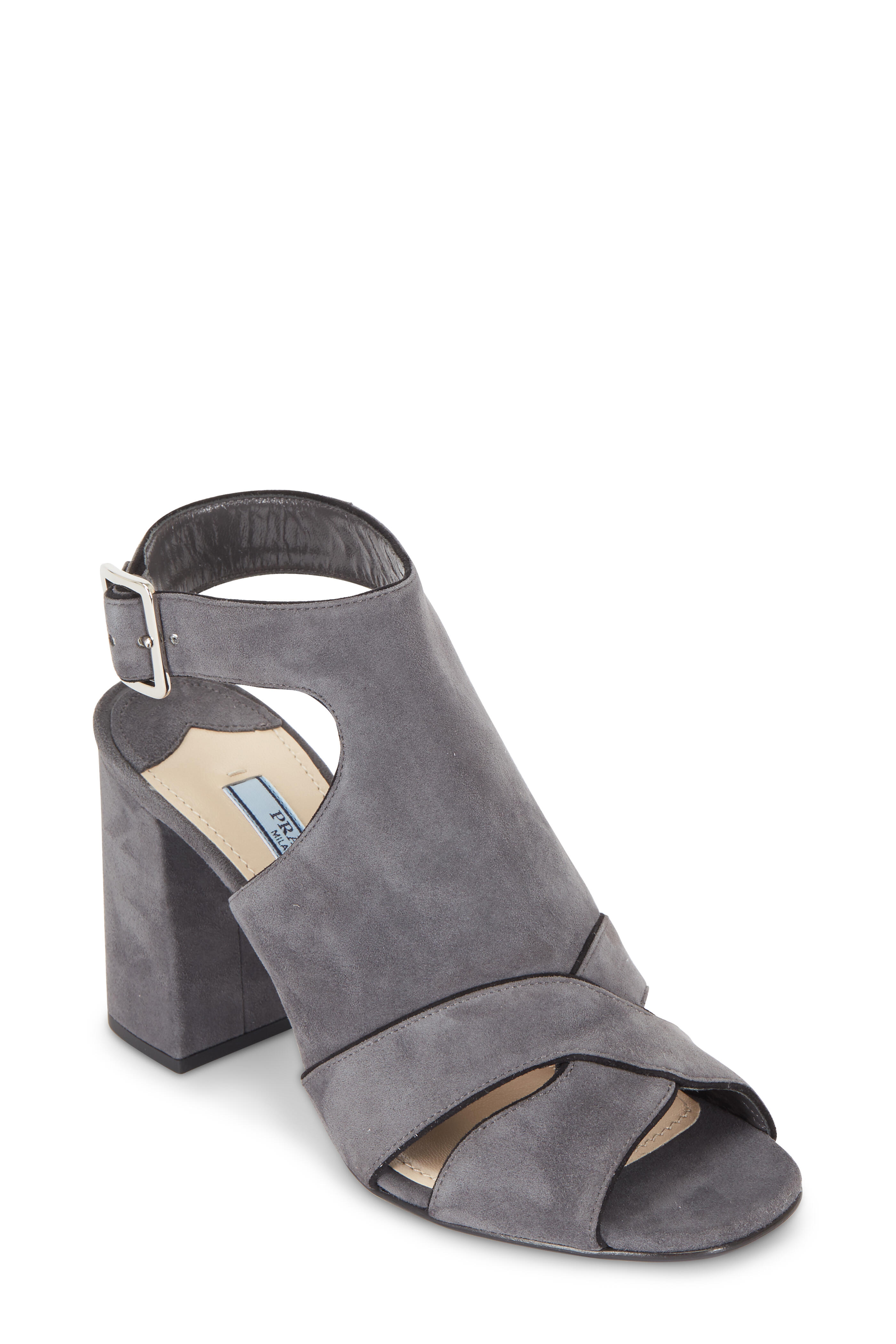 PRADA グレー オープントゥヒール Prada - Gray Suede Piped Trim Chunky Heel Sandal, 85mm