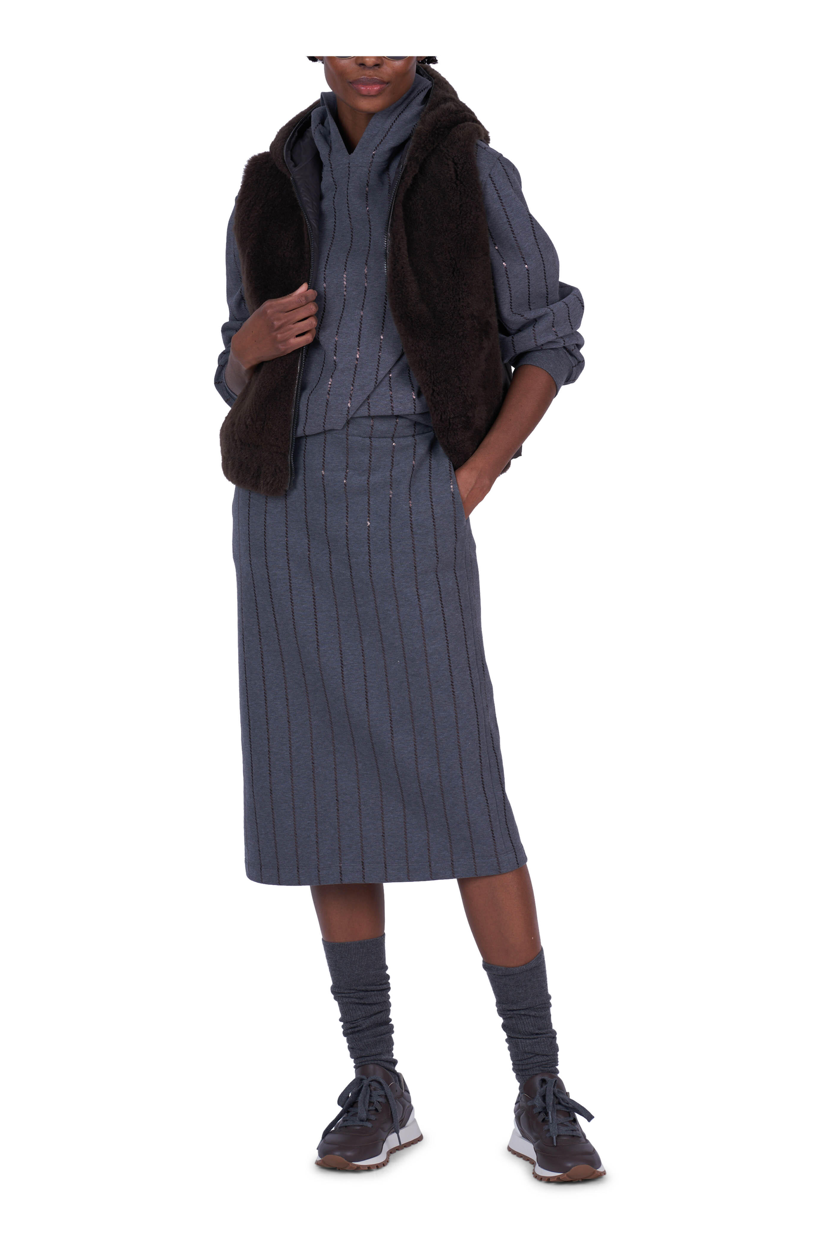 Brunello Cucinelli - Gray Stripe Cotton Fleece Skirt