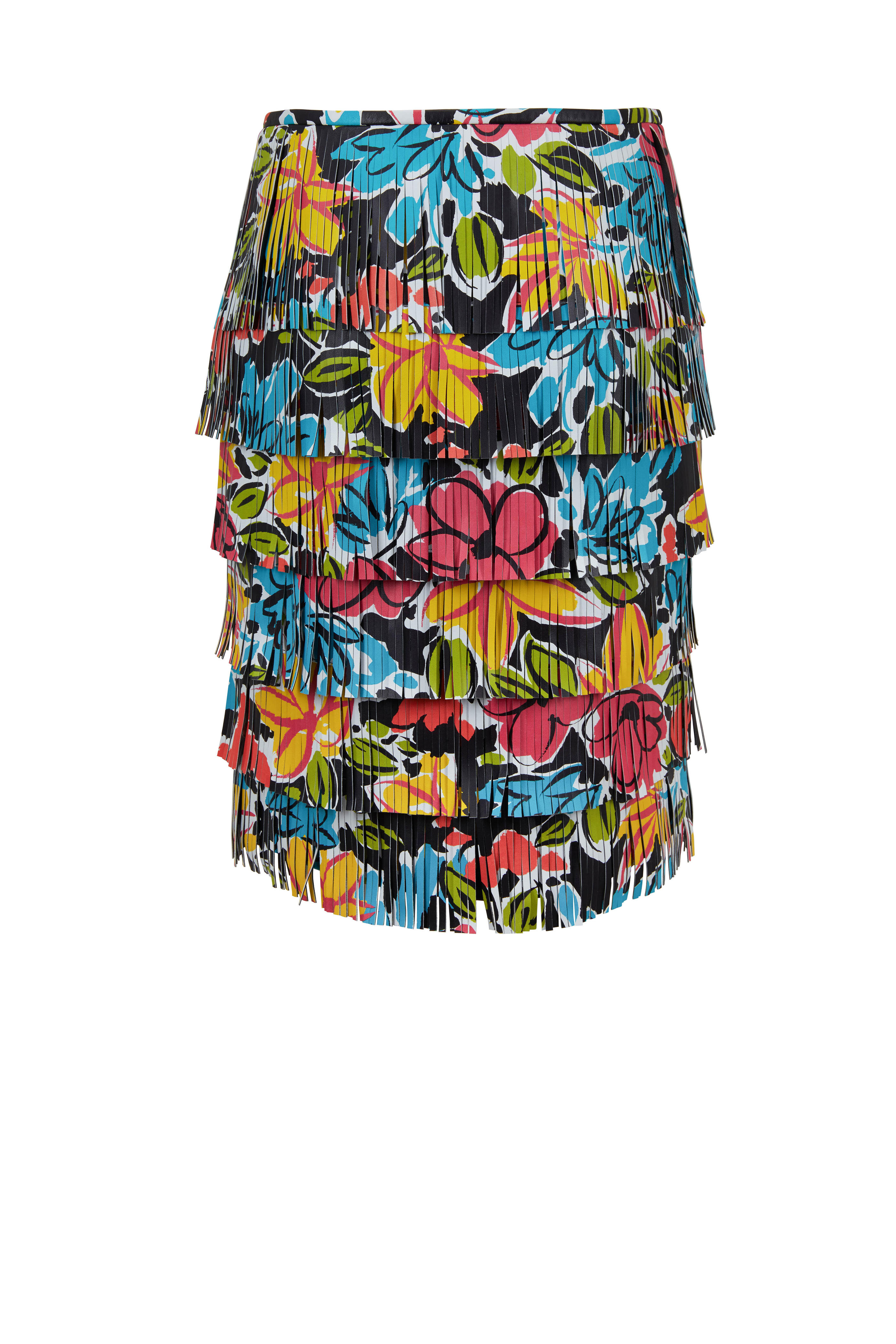 Michael Kors Collection - Black Leather Floral Plongé Fringed Skirt