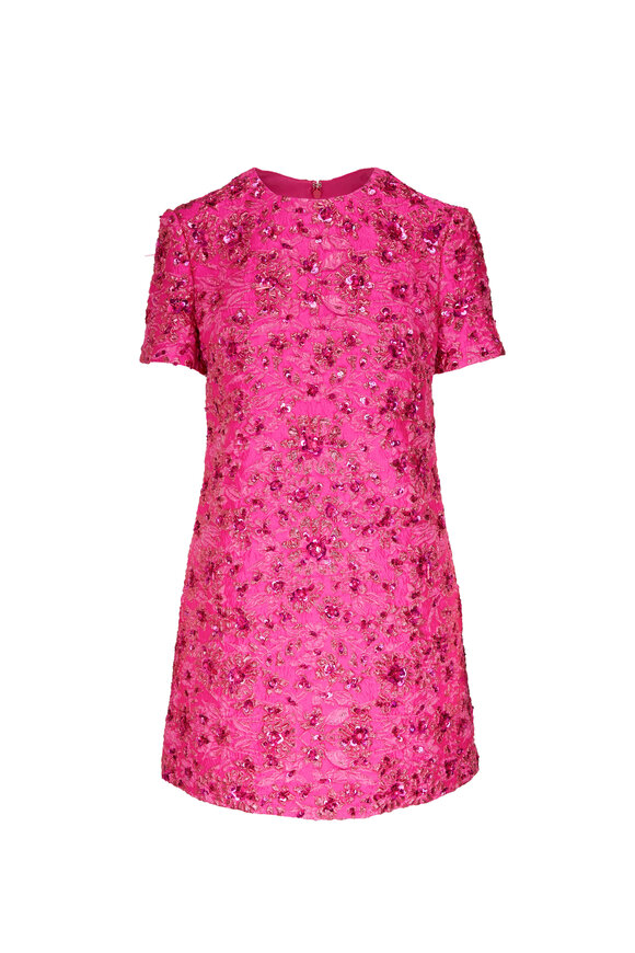 Valentino - Hot Pink Floral Embroidered Jacquard Mini Dress 
