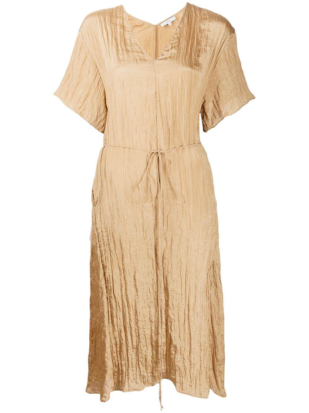 short sleeve khaki dress Khaki Short Sleeve Dress - V-Neck Midi Dress - Dress With Pockets