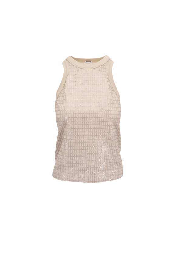Brunello Cucinelli Talc Dazzling Check Embroidery Tank
