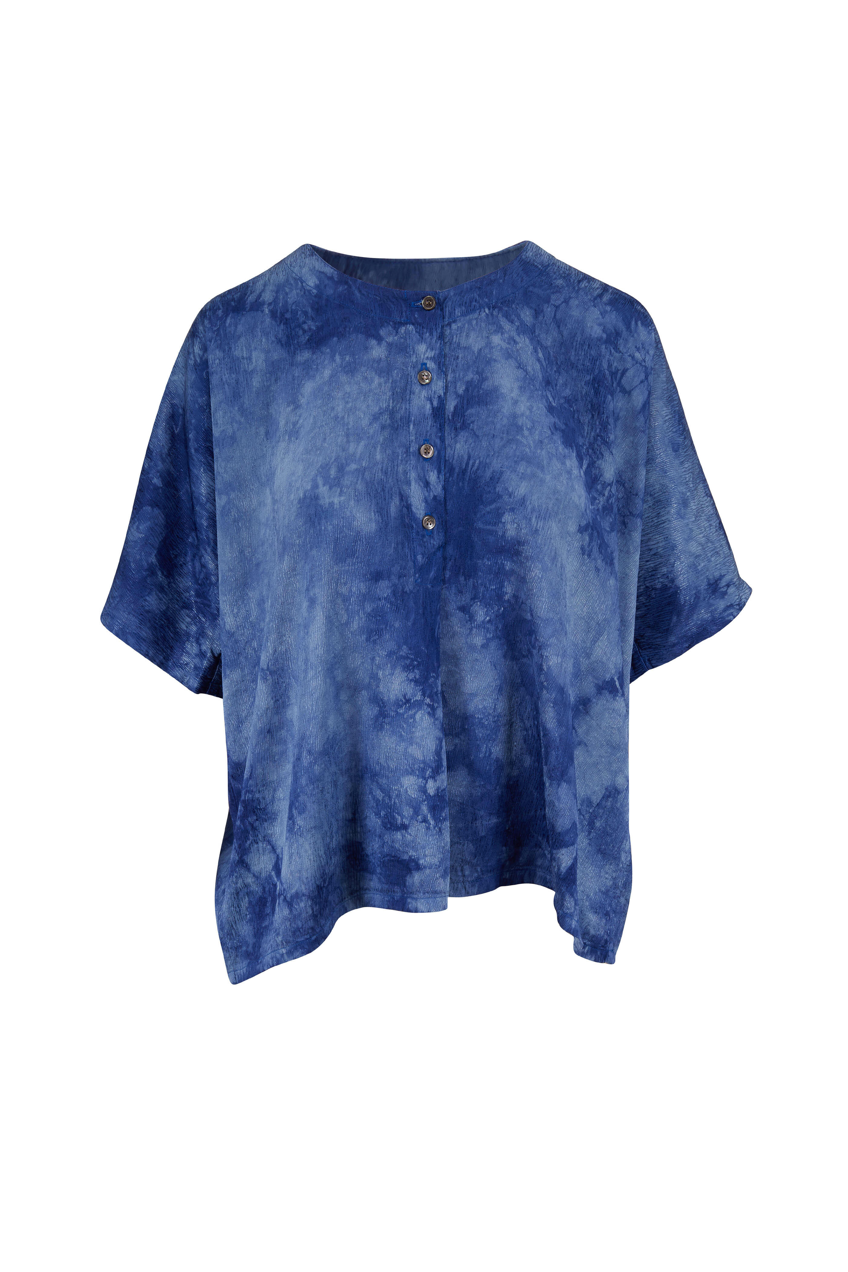 Raquel Allegra - Blue Henley Tie-Dye Three-Quarter Button Top