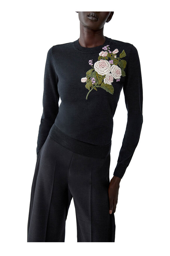 Carolina Herrera Black Rose Merino Wool Embroidered Sweater - view 4
