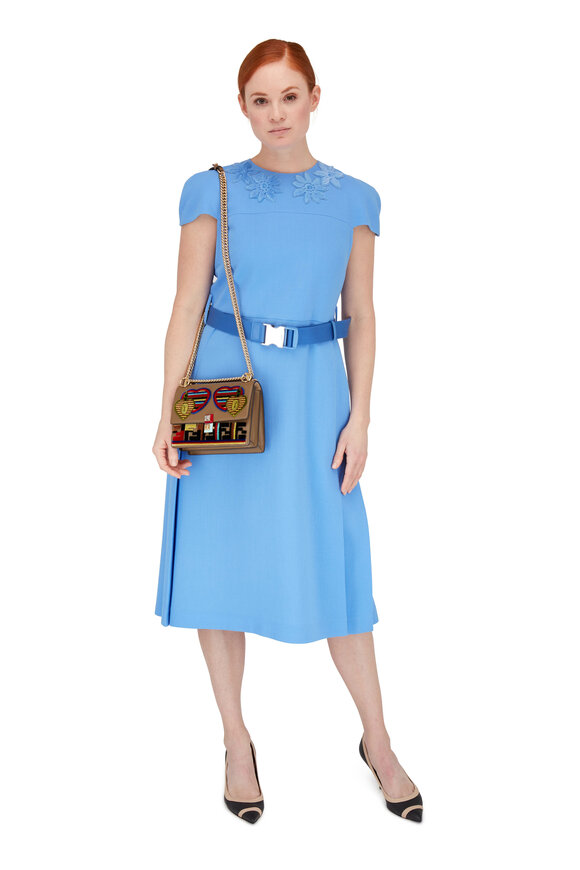 Fendi - Baby Blue Crêpe Mink Floral Detail Belted Dress