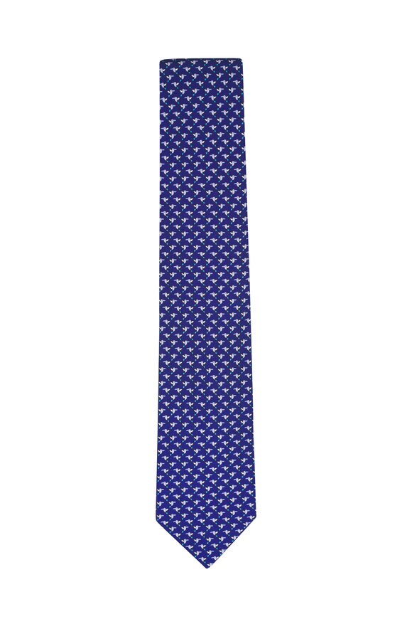 Ferragamo Navy Blue Hummingbird Print Silk Necktie