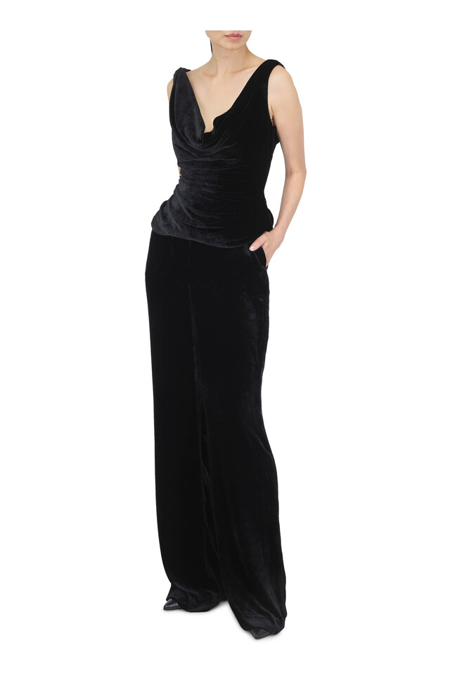 Designer outfit featuring BB Black Embossed Leather Pump, 70mm, Black Crushed Velvet Draped Top and 1 other piece