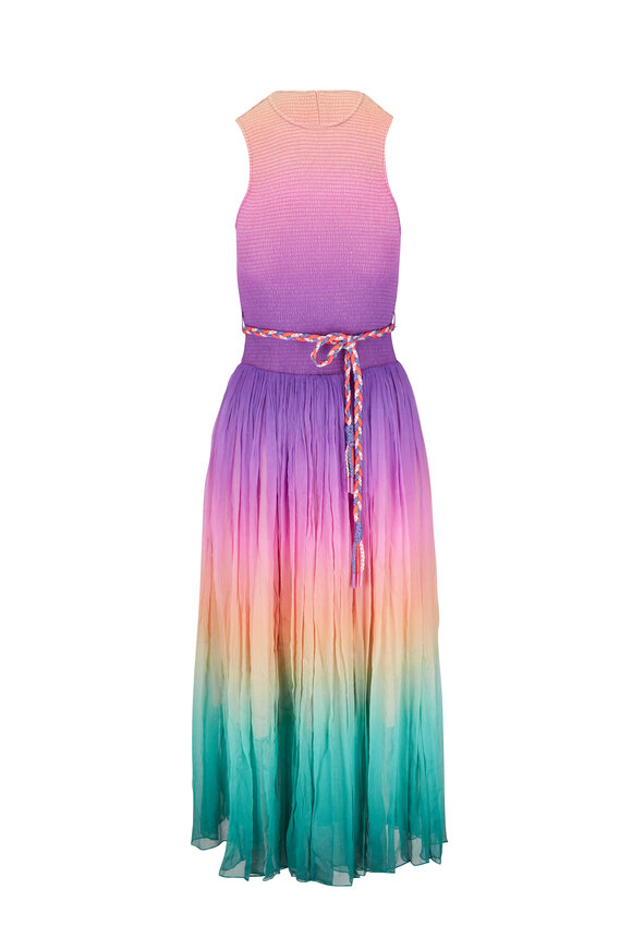 Zimmermann - Cira Shirred Green & Purple Ombre Midi Dress 