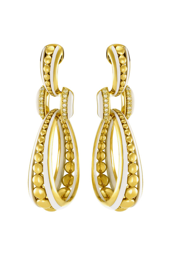 Etho Maria 18k Yellow Gold White Enamel Diamond Drop Earrings