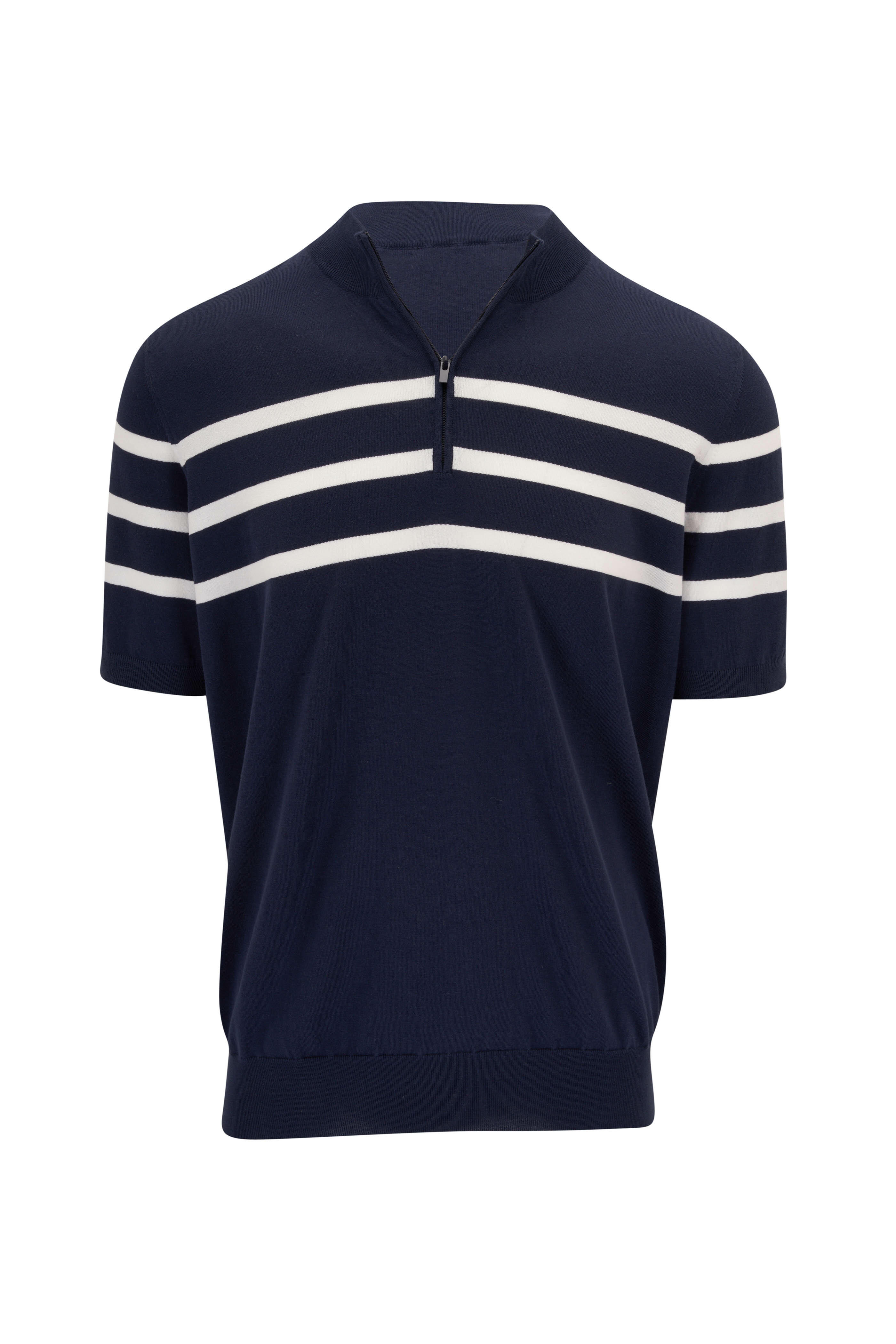 Brunello Cucinelli - Navy Stripe Quarter Zip Polo