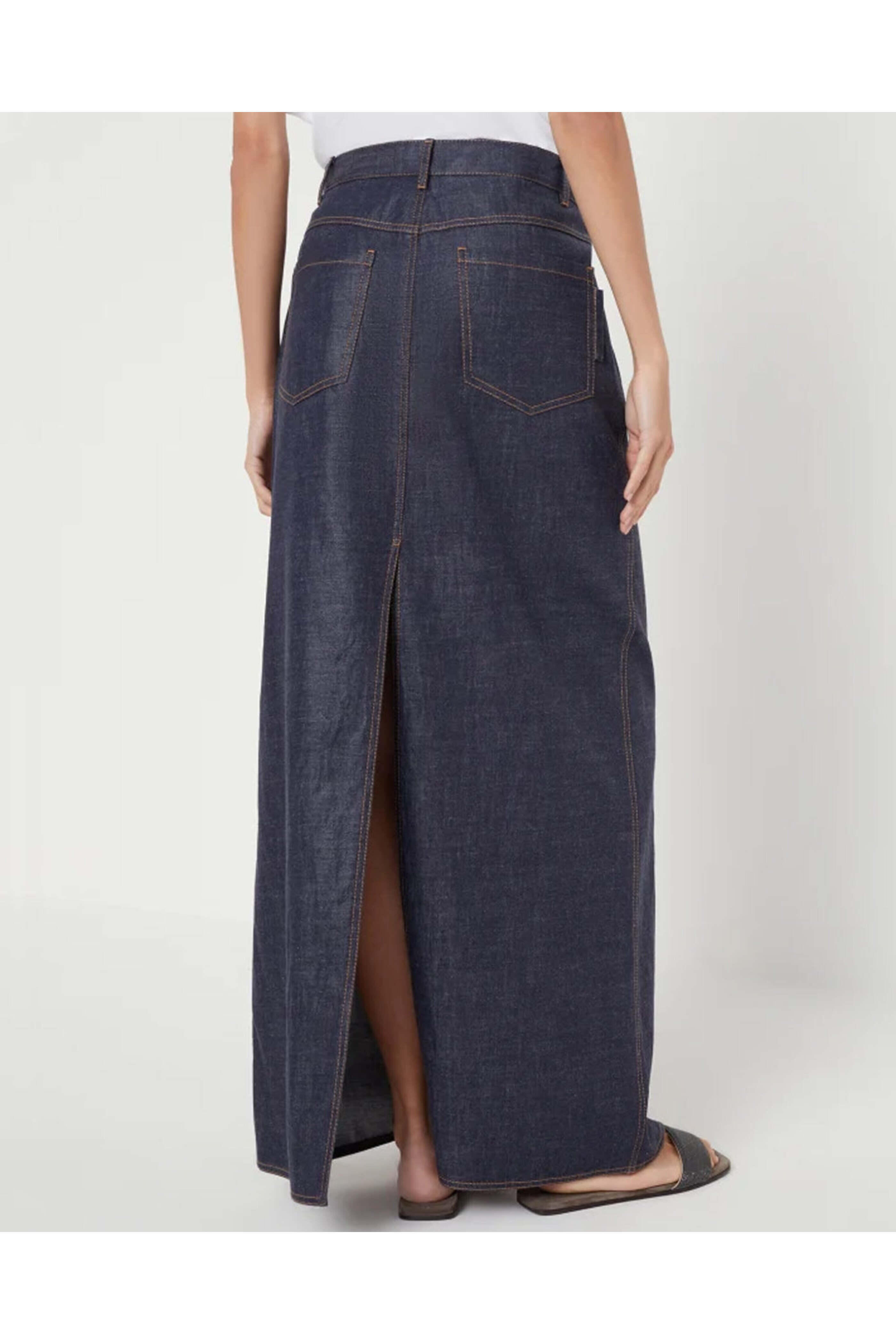 Brunello Cucinelli - Long Front Slit Denim Skirt in Dark Wash