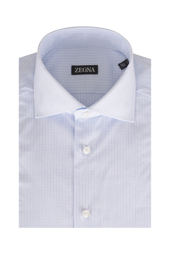 Zegna Blue Micro Check Cotton Dress Shirt - view 1