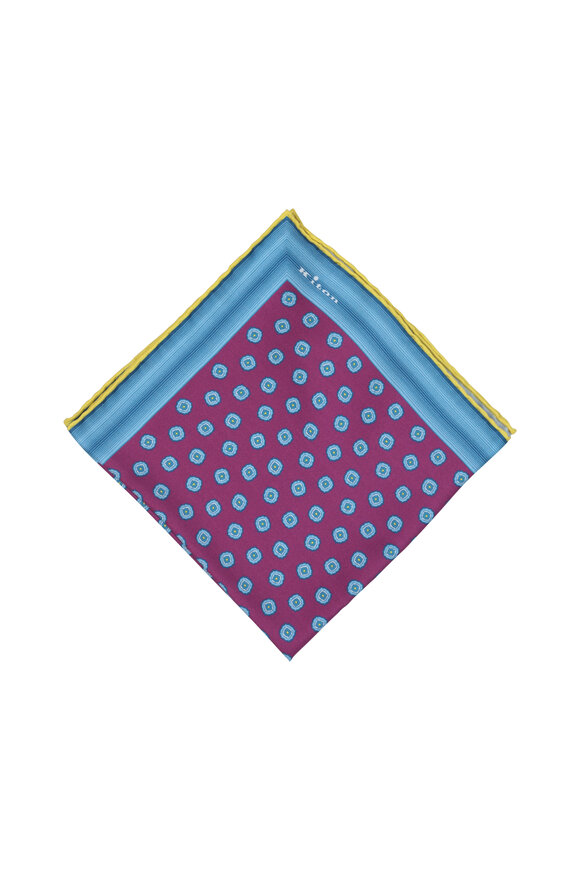 Kiton - Fuchsia & Blue Geometric Silk Pocket Square 