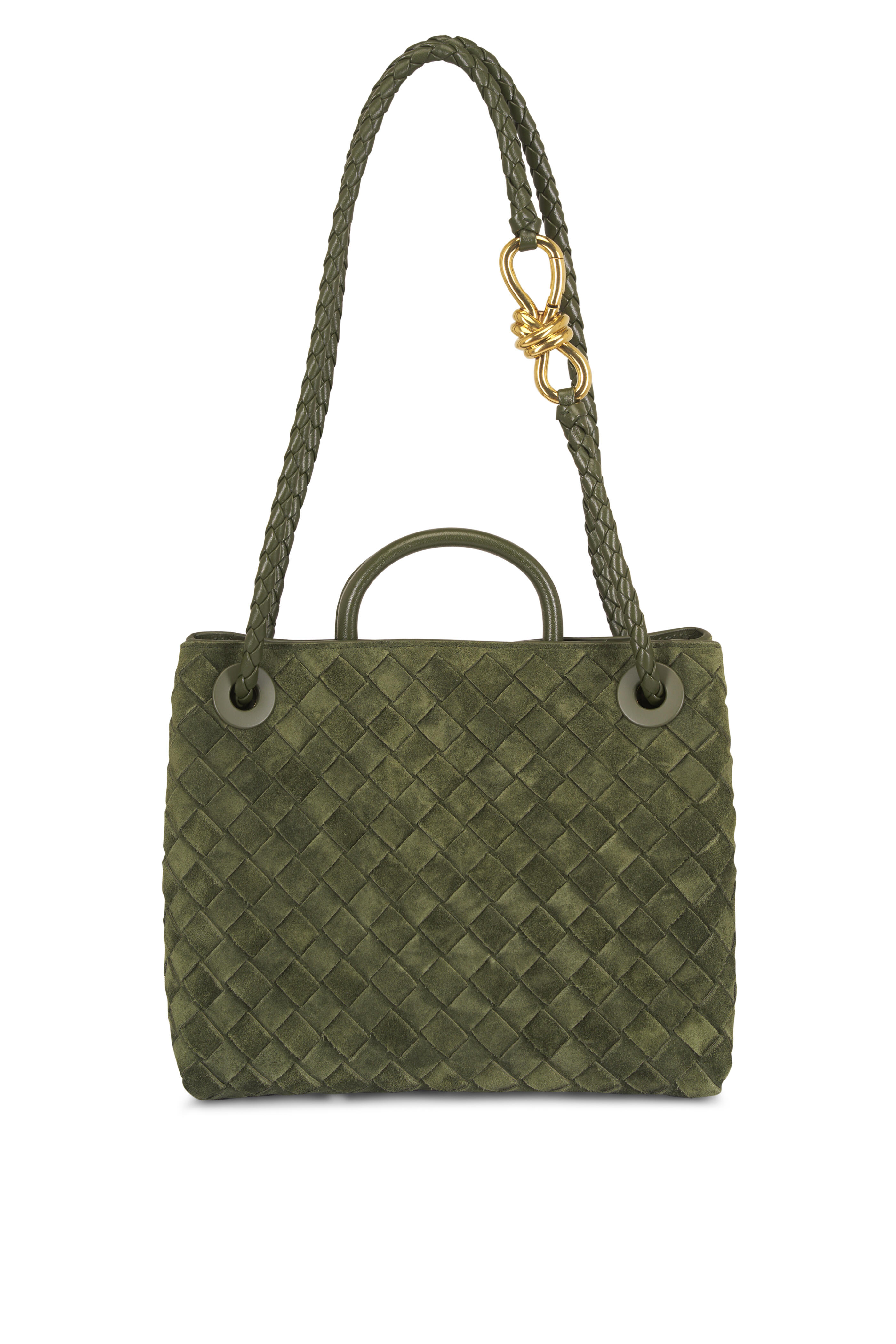Bottega Veneta - Small Andiamo Green Tweed Intrecciato Suede Bag - view 1