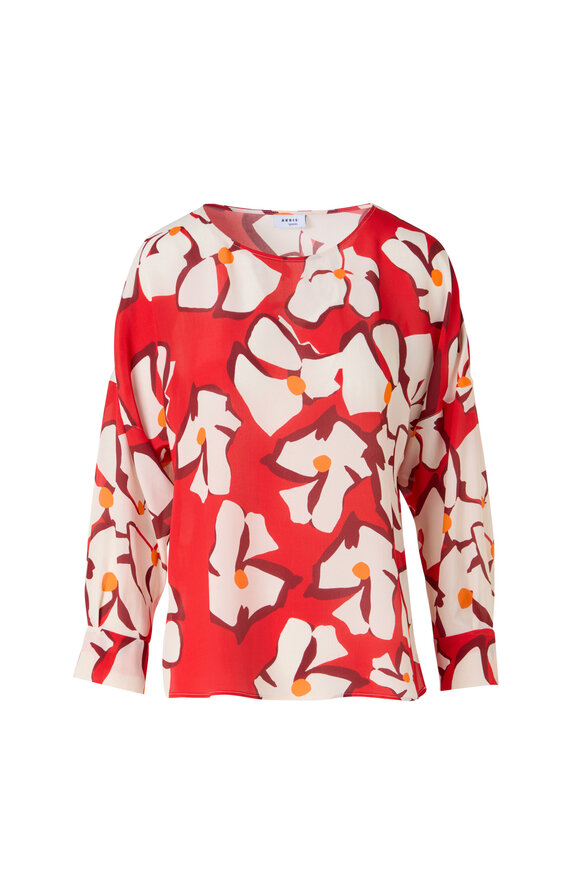 Akris Punto Red & Cream Large Flower Print Silk Blouse - view 1