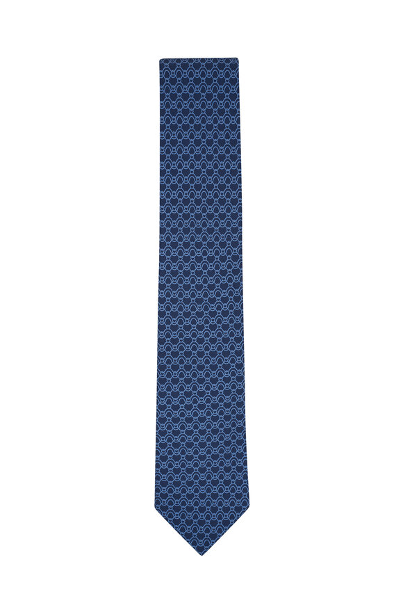 Ferragamo - Navy & Light Blue Wave Print Silk Necktie