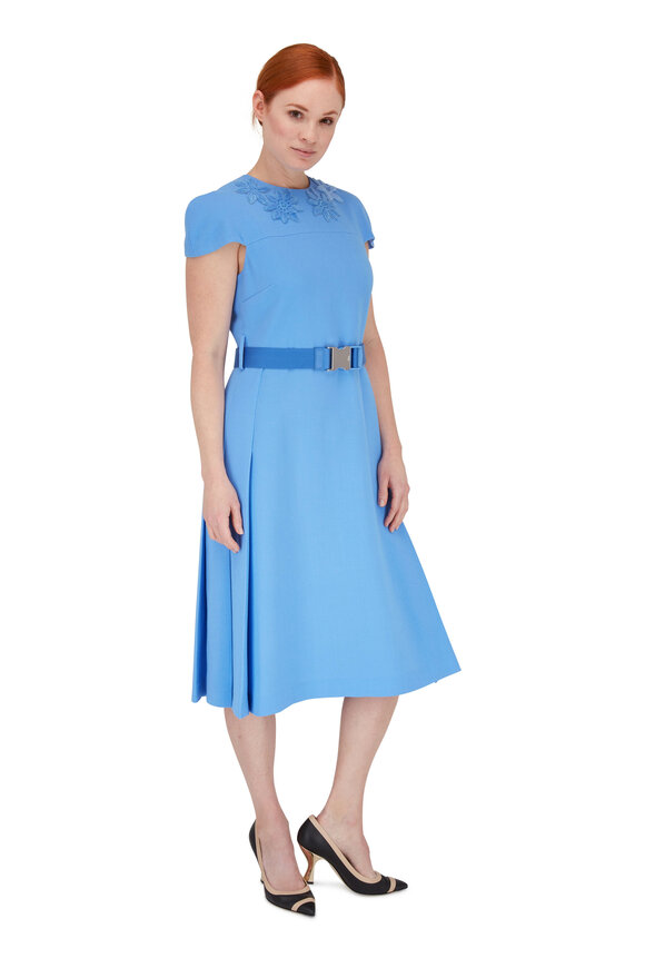 Fendi - Baby Blue Crêpe Mink Floral Detail Belted Dress