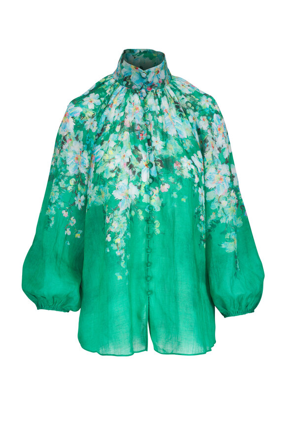 Zimmermann Everley Green Watercolor Floral Billow Blouse