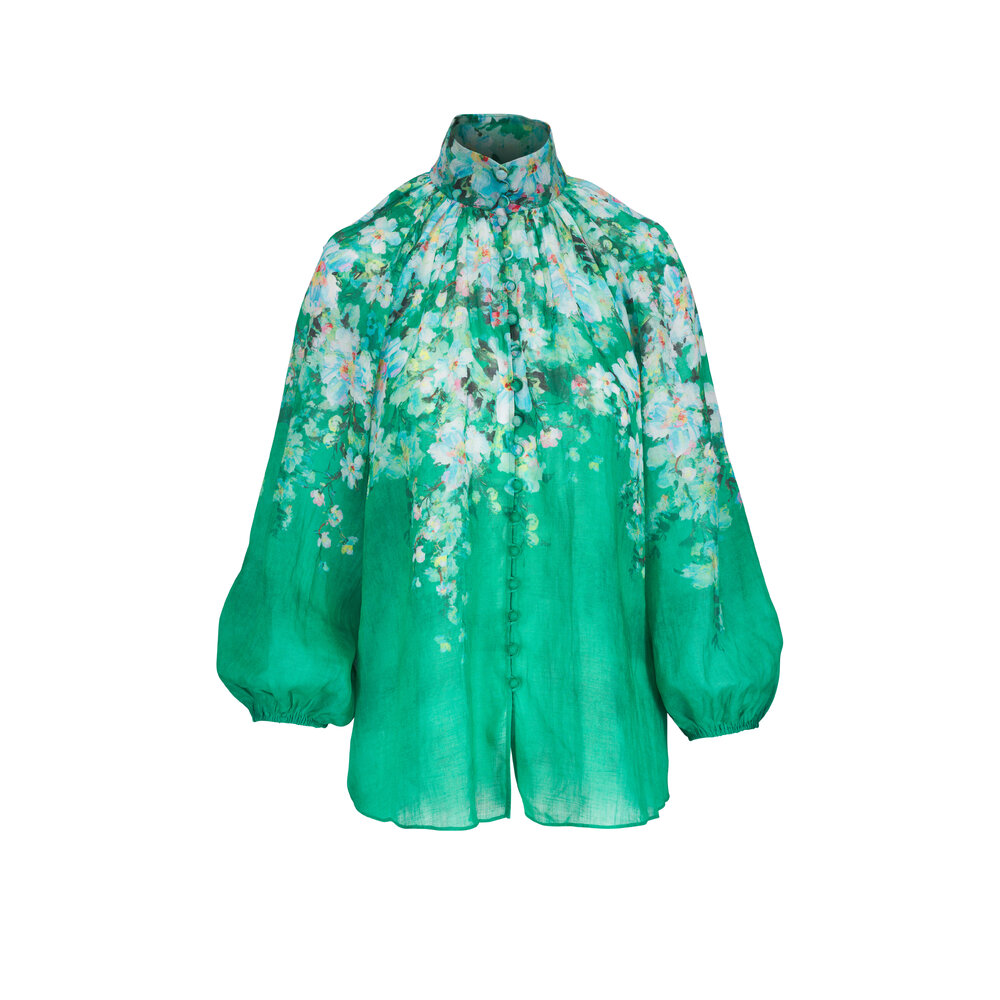 Zimmermann - Everley Green Watercolor Floral Billow Blouse
