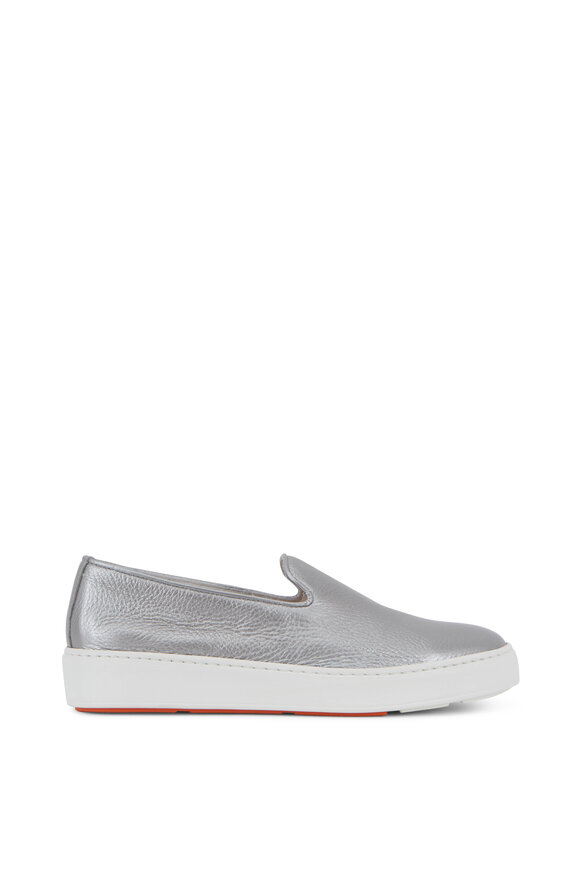 Santoni - Silver Grained Leather Slip-On Sneaker 