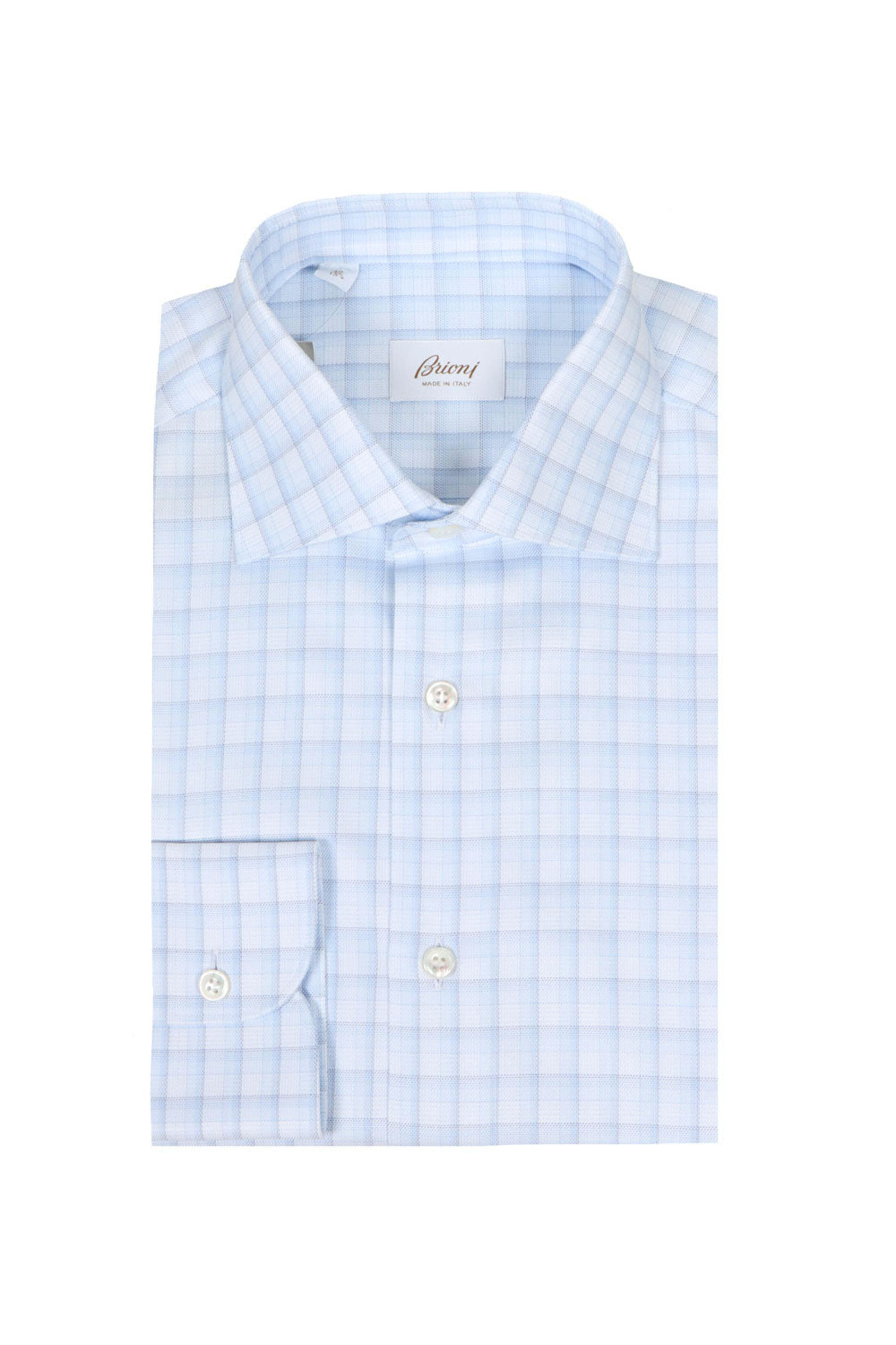 Brioni - White and Sky Blue Twill Check Dress Shirt