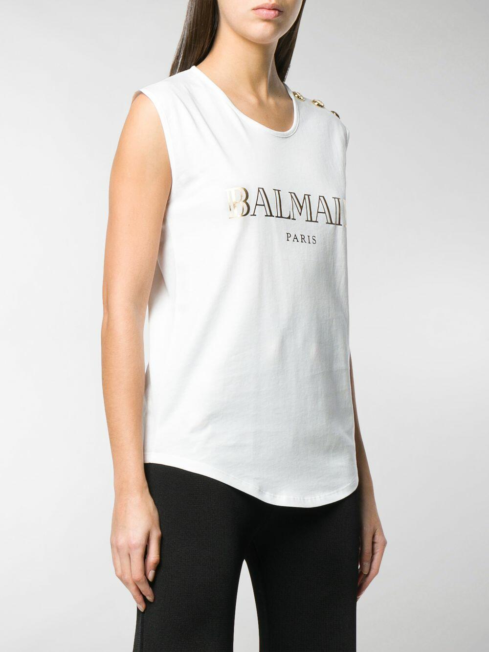 Balmain - White Foil Logo Shoulder Button T-Shirt