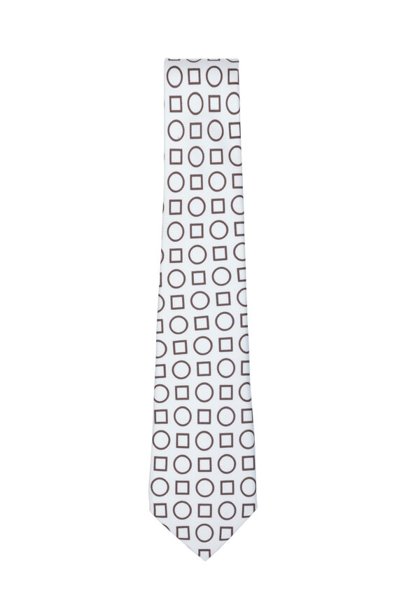 Kiton - White & Brown Geometric Silk Necktie 
