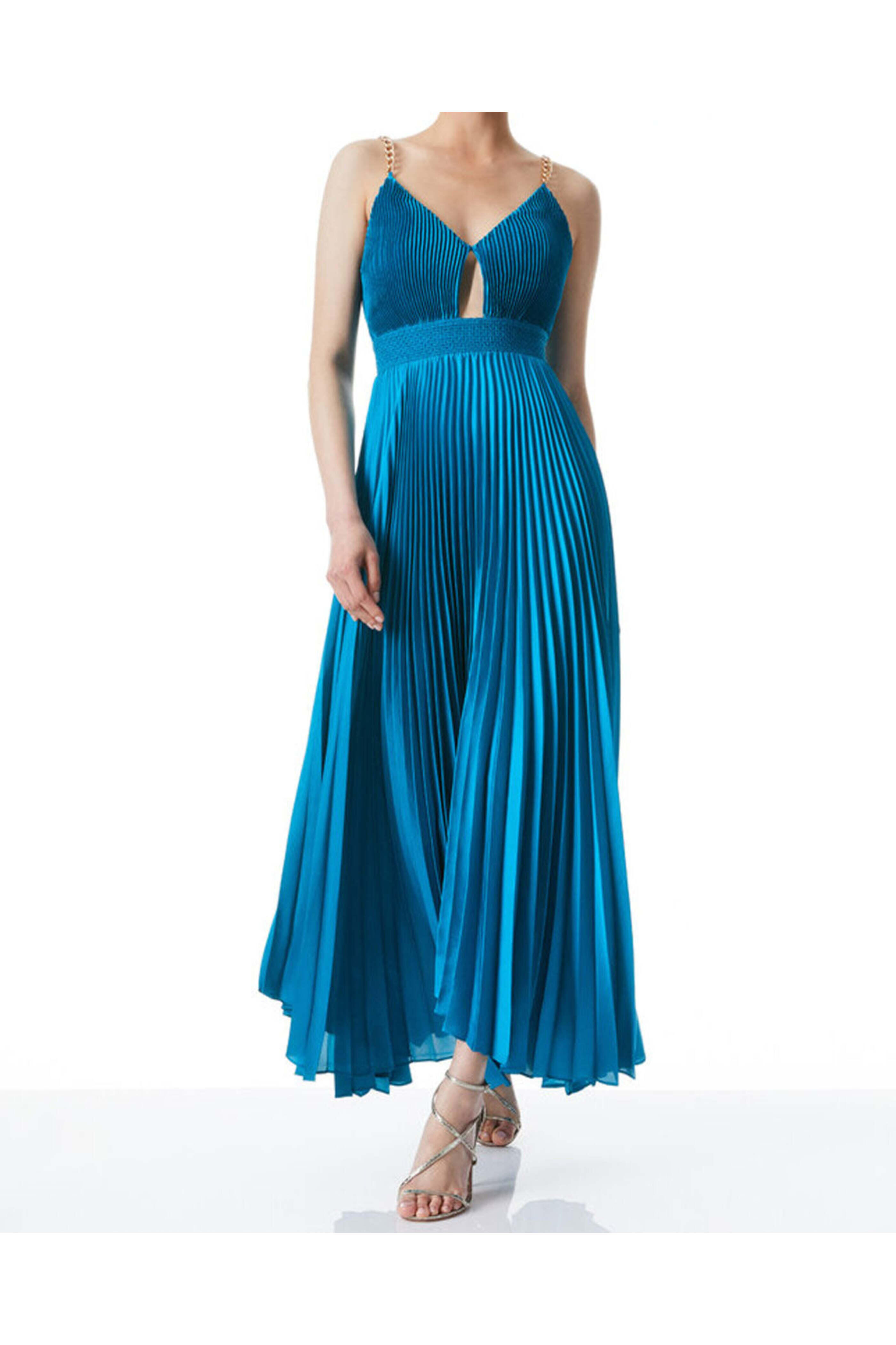 Alice & Olivia - Ocean Blue Chain Strap Pleated Gloria Maxi Dress