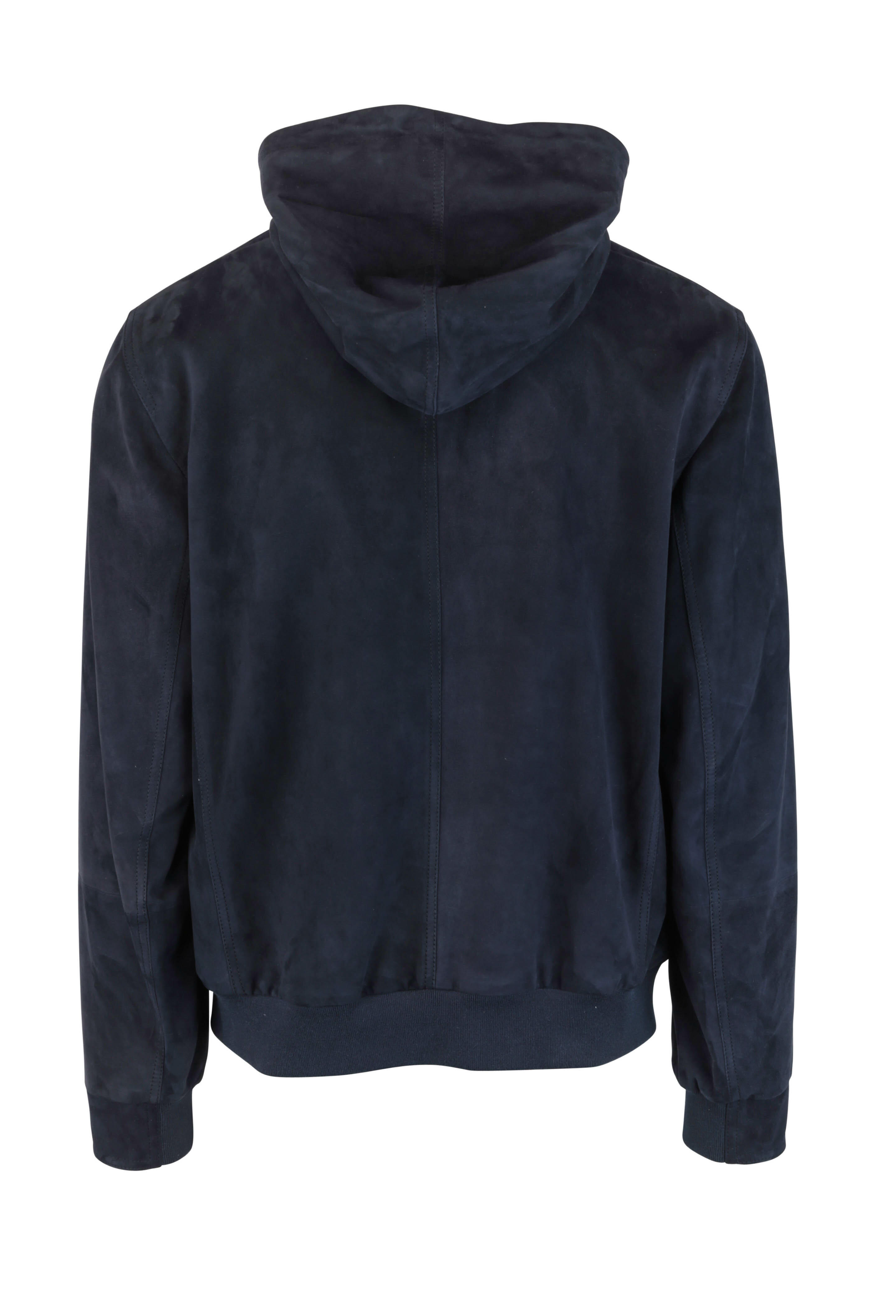 Brunello Cucinelli Navy Blue Suede Hooded Bomber Jacket