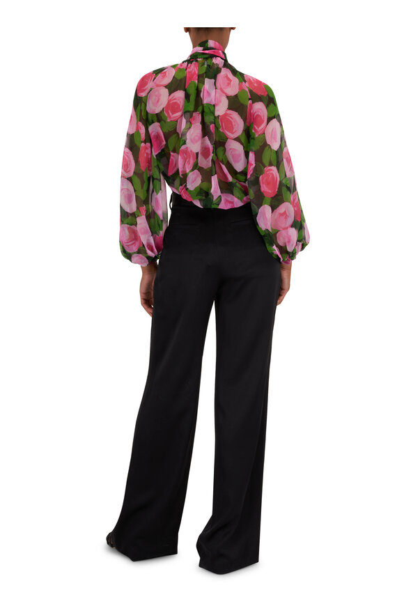 Carolina Herrera - Black Multi Rosebud-Print Tie-Neck Blouse
